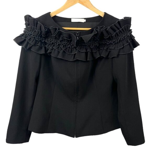Anne Fontaine Black Ecrin Ruffle Trim Zip Front Jacket Size 40/ M - Picture 2 of 7
